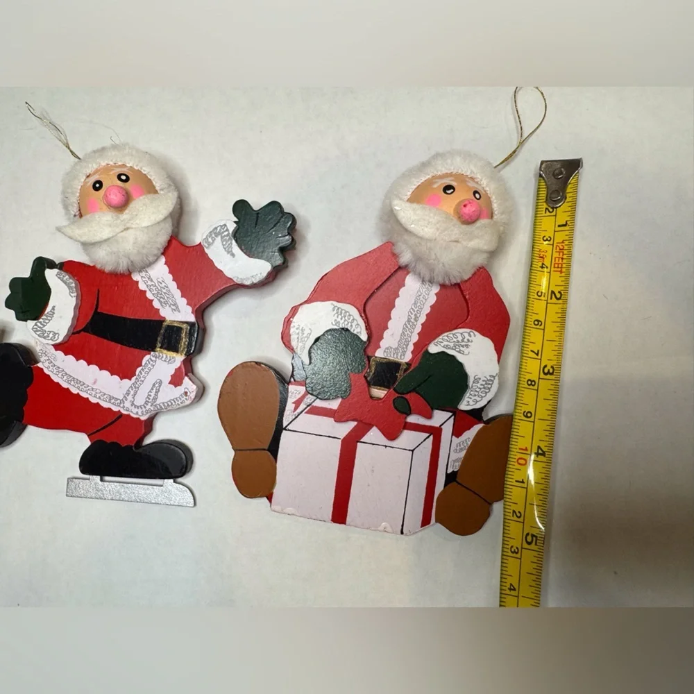 Vintage Set‎ of 2 Wooden Christmas Santa Ornaments Joan Berg Victor Handmade